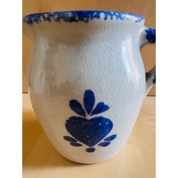 Blue Spongeware Heart Pitcher Small Stoneware Style Farmhouse Kitchen Creamer - Picture 2 of 7